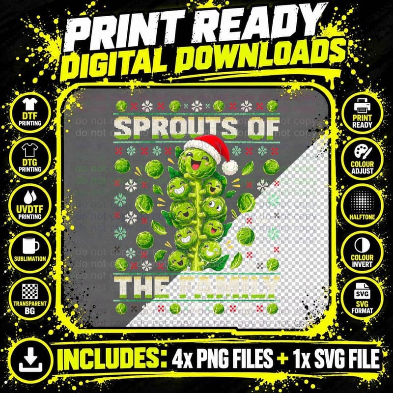 Sprouts of the Family Brussels Stalk Funny Christmas Dinner Halftone T-Shirt Png SVG Digital Bundle
