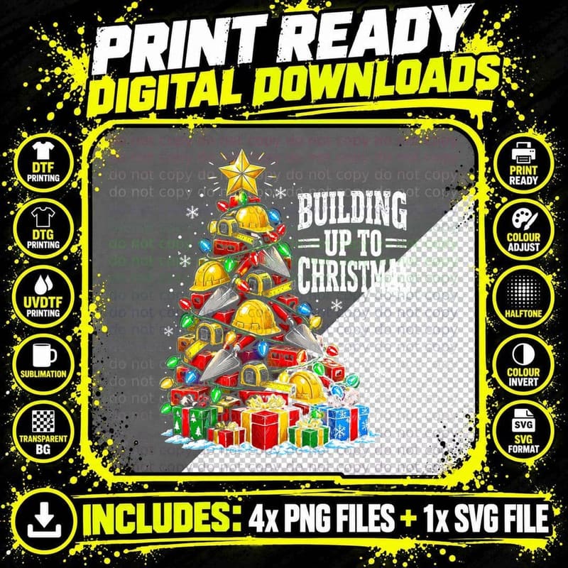 Building Up to Christmas Builder Hard Hats Bricks Trowel Tree Halftone T-Shirt Png SVG Digital Bundle