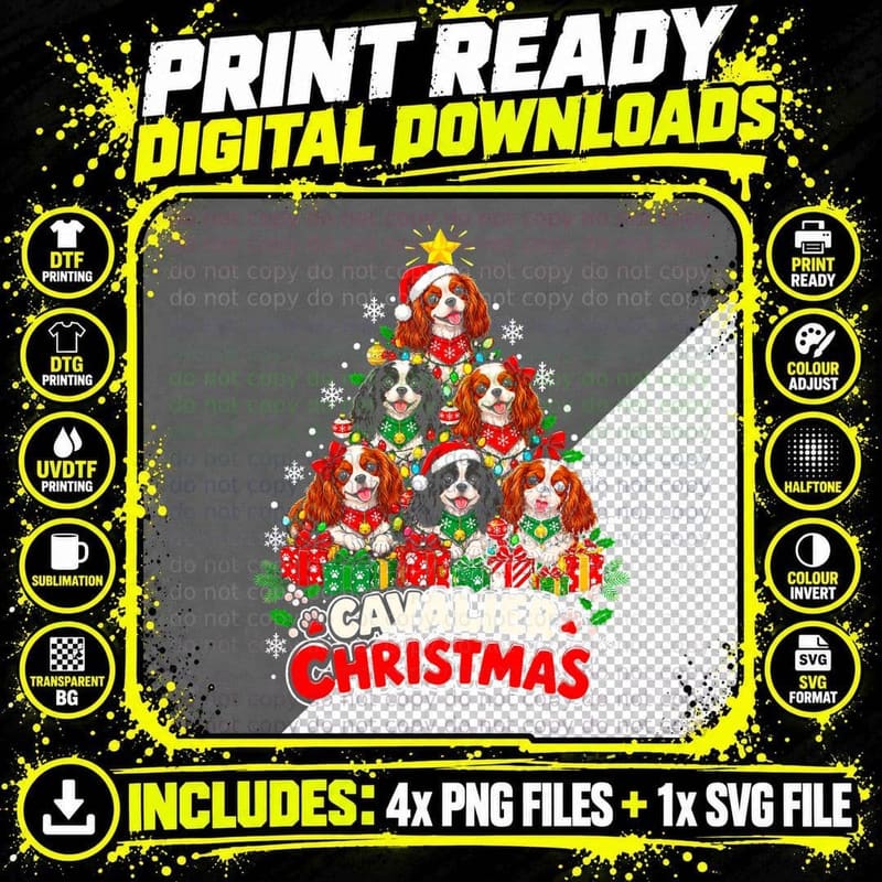 Cavalier Christmas King Charles Spaniel Tree Made of Dogs Halftone T-Shirt Png SVG Digital Bundle