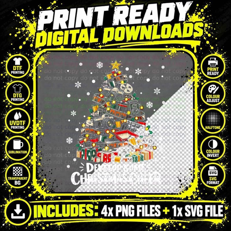 Develop Some Christmas Cheer Film Photography Camera Tree Halftone T-Shirt Png SVG Digital Bundle