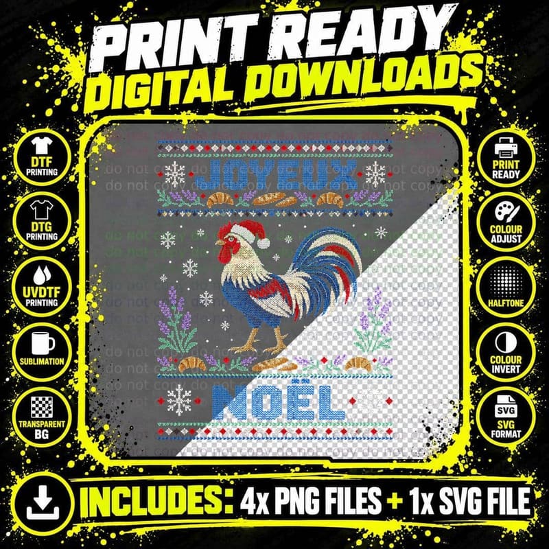 French Rooster Christmas Ugly Sweater Joyeux Noel France Png SVG Digital Bundle