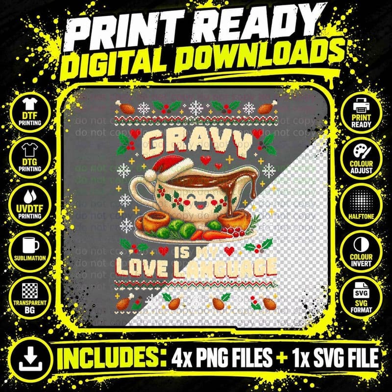 Gravy Is My Love Language Sauce Boat Funny Christmas Dinner Halftone T-Shirt Png SVG Digital Bundle