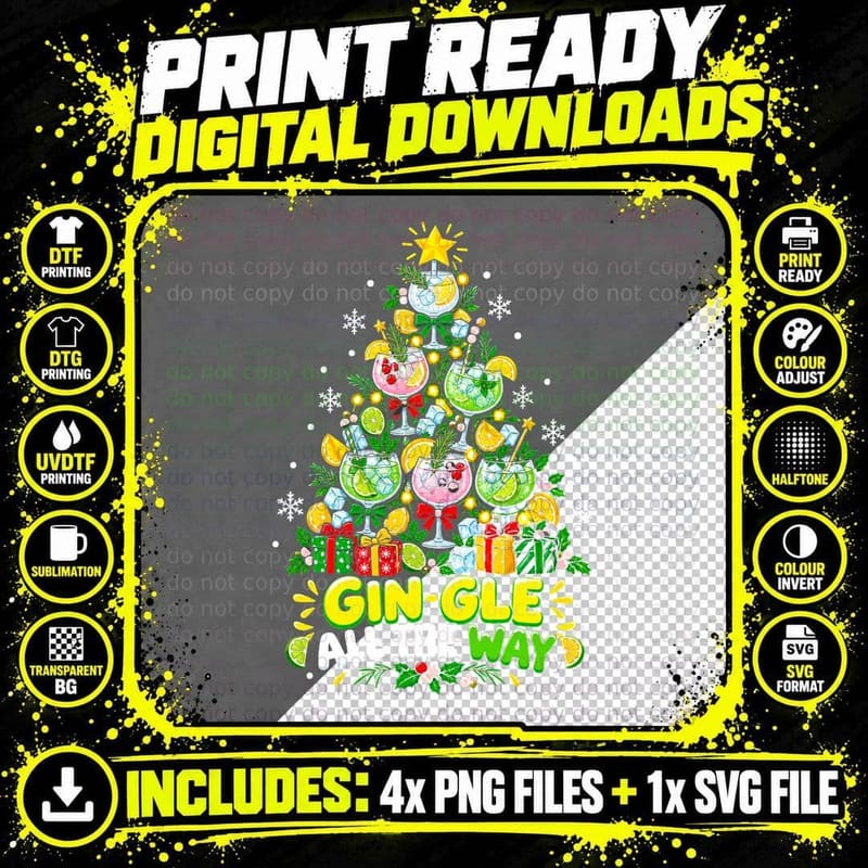 Gin Lover Christmas Gin and Tonic Funny Cocktail Holiday Png SVG Digital Bundle