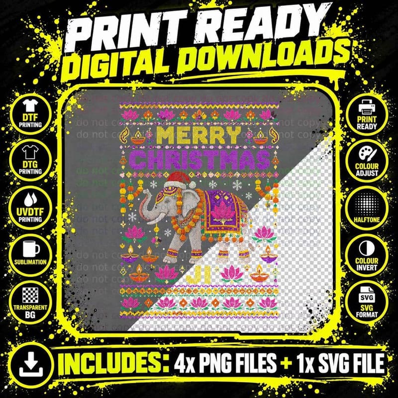 Indian Elephant Christmas Ugly Sweater Merry Christmas Png SVG Digital Bundle