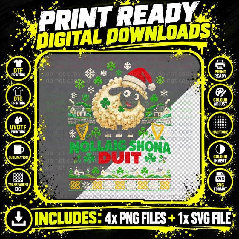 Irish Sheep Christmas Ugly Sweater Nollaig Shona Duit Png SVG Digital Bundle