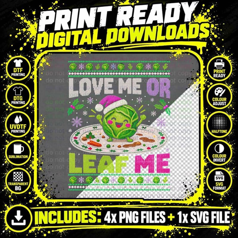 Love Me or Leaf Me Funny Brussels Sprout Christmas Dinner Plate Halftone T-Shirt Png SVG Digital Bundle