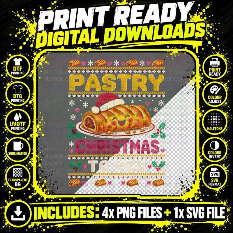 Sausage Roll Christmas Ugly Sweater Funny British Bakery Png SVG Digital Bundle