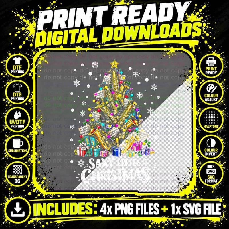 Saxy Little Christmas Sax Tree Saxophonist Jazz Lover Festive Halftone T-Shirt Png SVG Digital Bundle