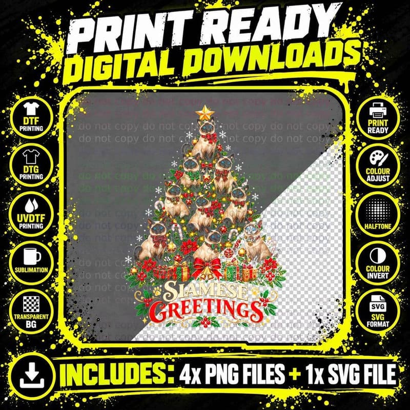 Siamese Cat Christmas Blue Eyed Kitty Cat Lover Festive Png SVG Digital Bundle