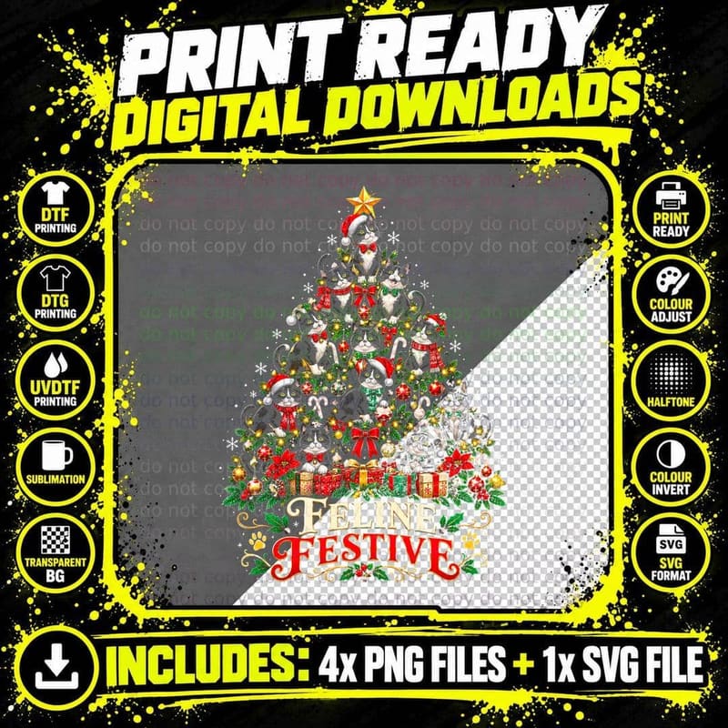 Tuxedo Cat Christmas Black White Cat Lover Festive Png SVG Digital Bundle