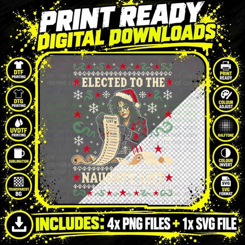 Alice Cooper Ugly Sweater Naughty List Christmas Shock Png SVG Digital Bundle