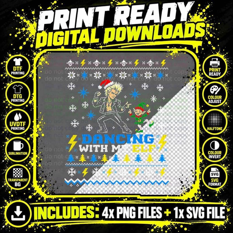 Billy Idol Ugly Sweater Dancing With My Elf Christmas Png SVG Digital Bundle
