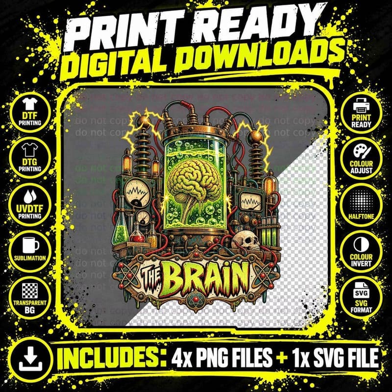 Brain in a Jar Vintage Sci Fi Horror Mad Scientist Png SVG Digital Bundle