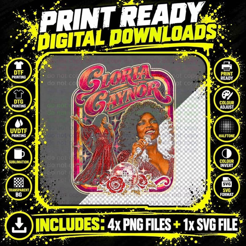 Gloria Gaynor Vintage Disco Queen Retro Soul Halftone Png SVG Digital Bundle