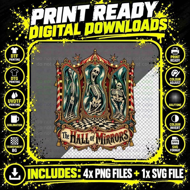 Hall of Mirrors Vintage Horror Skeleton Carnival Funfair Png SVG Digital Bundle