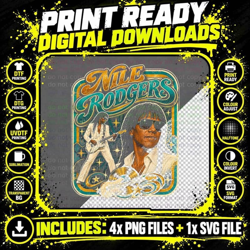 Nile Rodgers Vintage Chic Disco Funk Guitar 80s Halftone Png SVG Digital Bundle