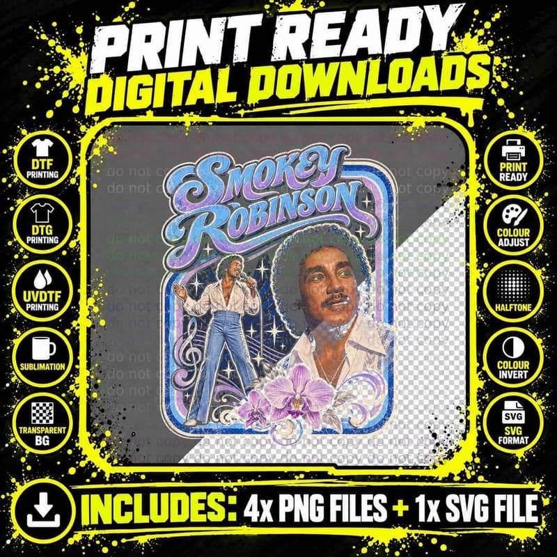 Smokey Robinson Vintage Soul 70s Concert Retro Halftone Png SVG Digital Bundle