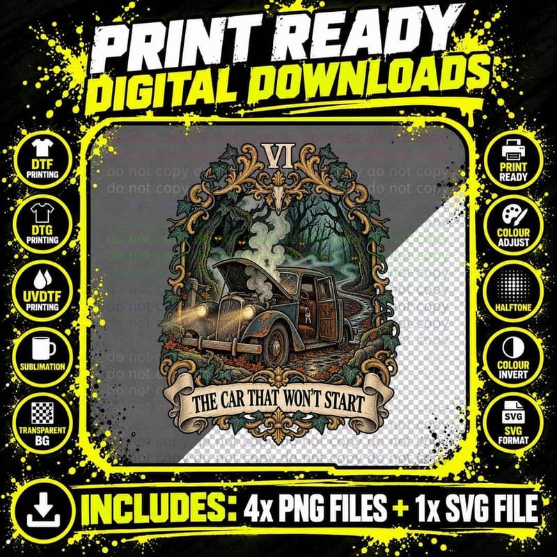 The Car That Won't Start Gothic Tarot Card Haunted Png SVG Digital Bundle