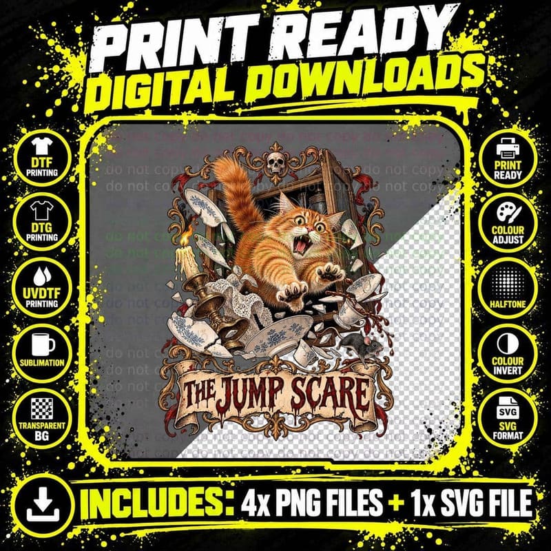The Jump Scare Gothic Tarot Card Ginger Cat Halloween Png SVG Digital Bundle