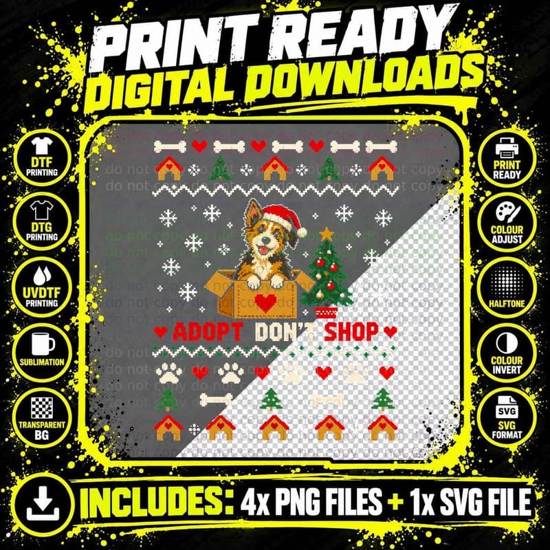 Adopt Don't Shop Rescue Dog Christmas Ugly Sweater Mixed Png SVG Digital Bundle