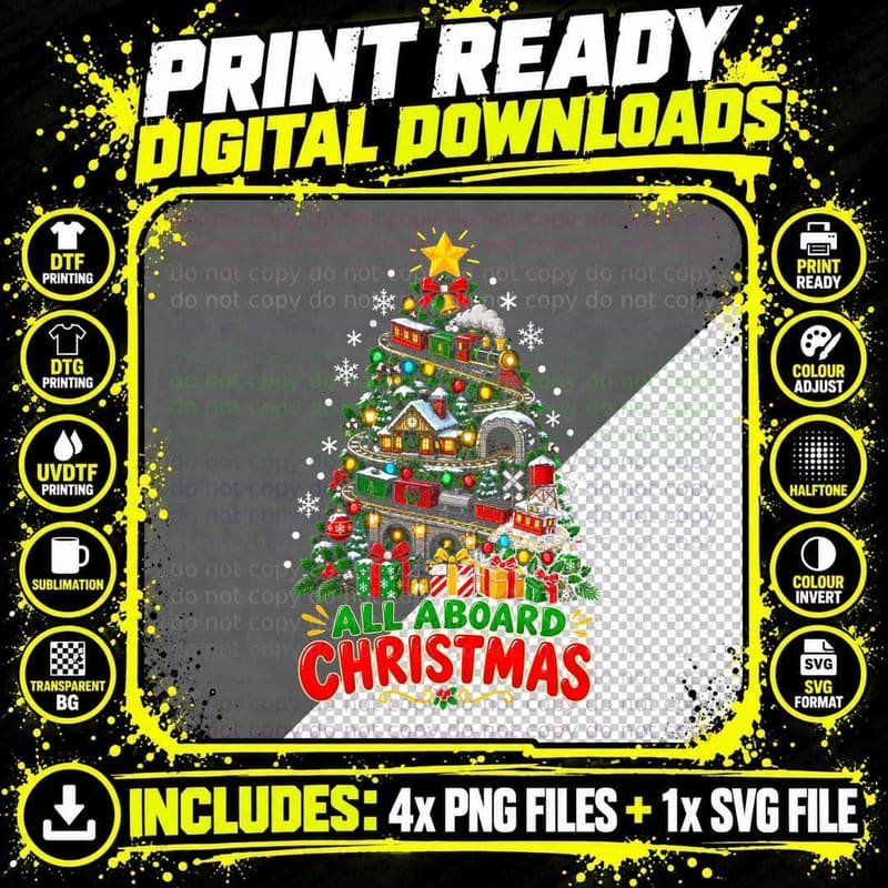 All Aboard Christmas Tree Steam Train Set Railway Png SVG Digital Bundle