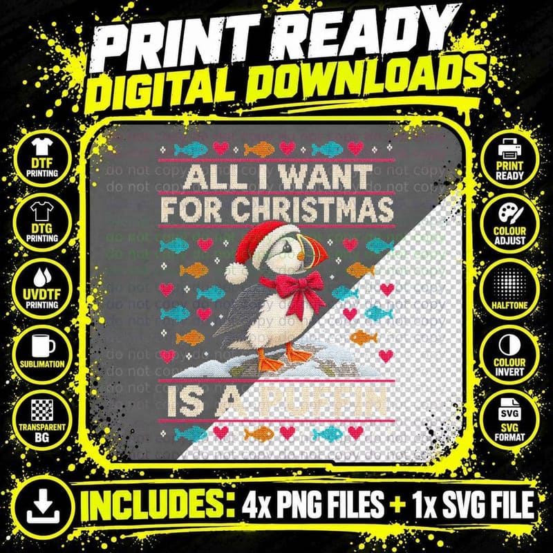 All I Want for Christmas Is a Puffin Seabird Ugly Png SVG Digital Bundle