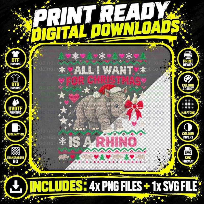 All I Want for Christmas Is a Rhino Safari Ugly Sweater Png SVG Digital Bundle
