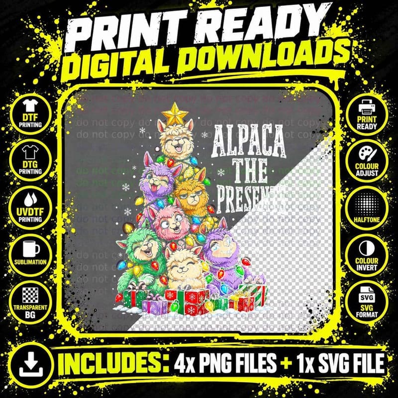 Alpaca The Presents Funny Pun Christmas Tree Pastel Png SVG Digital Bundle