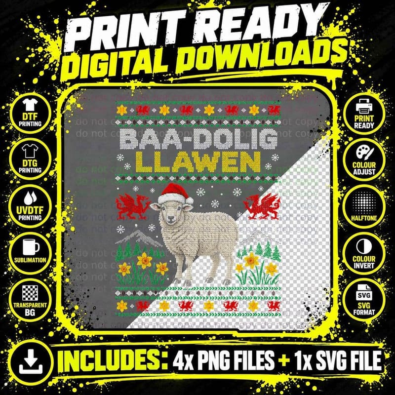 Baa-Dolig Llawen Welsh Sheep Santa Hat Funny Xmas Jumper Png SVG Digital Bundle