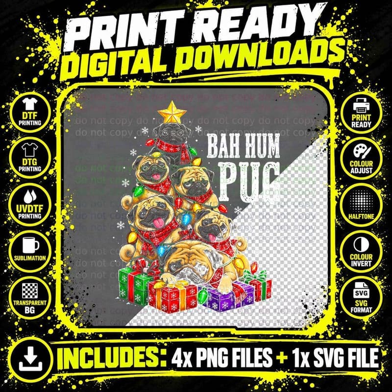Bah Hum Pug Funny Christmas Tree Made Of Puppies Dog Png SVG Digital Bundle