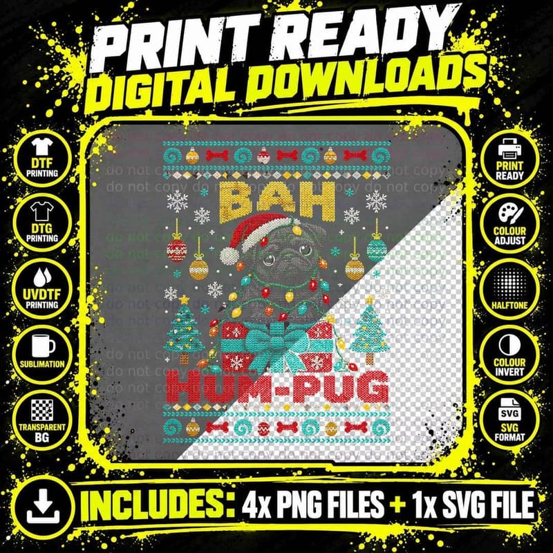 Bah Hum-Pug Black Pug Fairy Lights Christmas Ugly Png SVG Digital Bundle