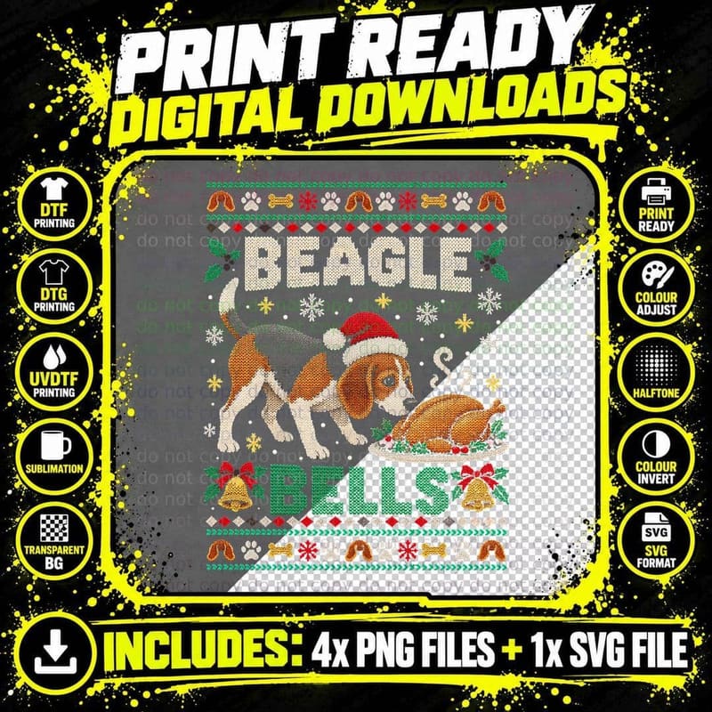 Beagle Bells Sniffing Roast Turkey Christmas Ugly Png SVG Digital Bundle