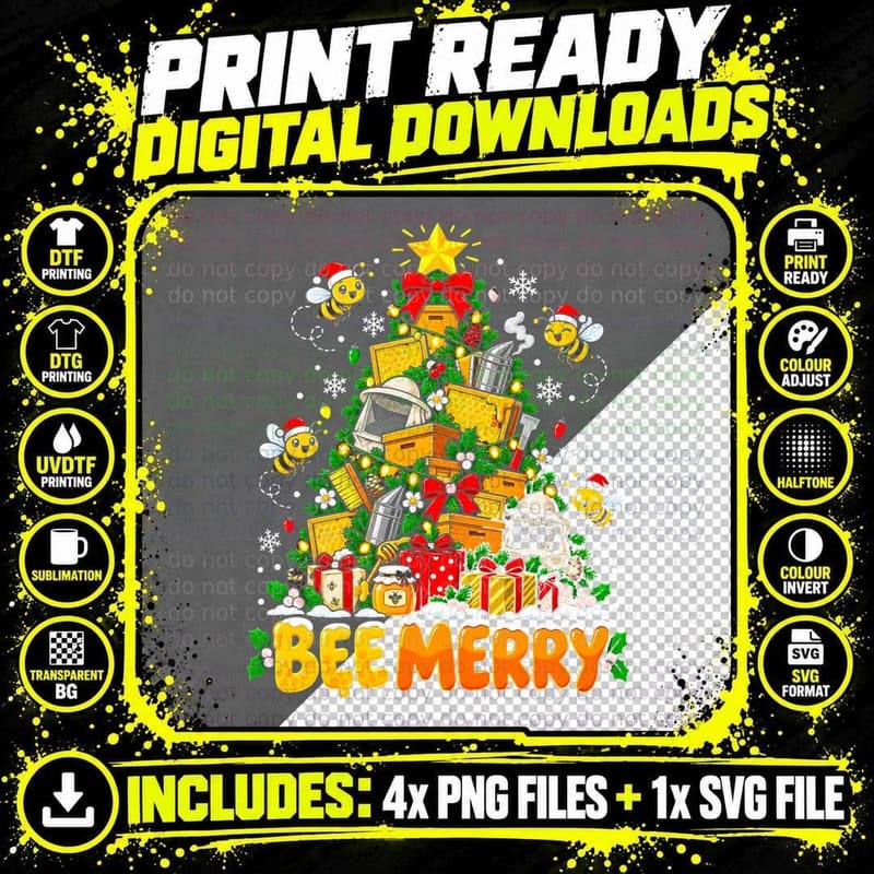Bee Merry Beekeeping Christmas Tree Beehives Honey Png SVG Digital Bundle