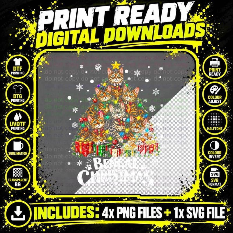 Bengal Christmas Tree Made Of Spotted Kittens Cat Lover Png SVG Digital Bundle