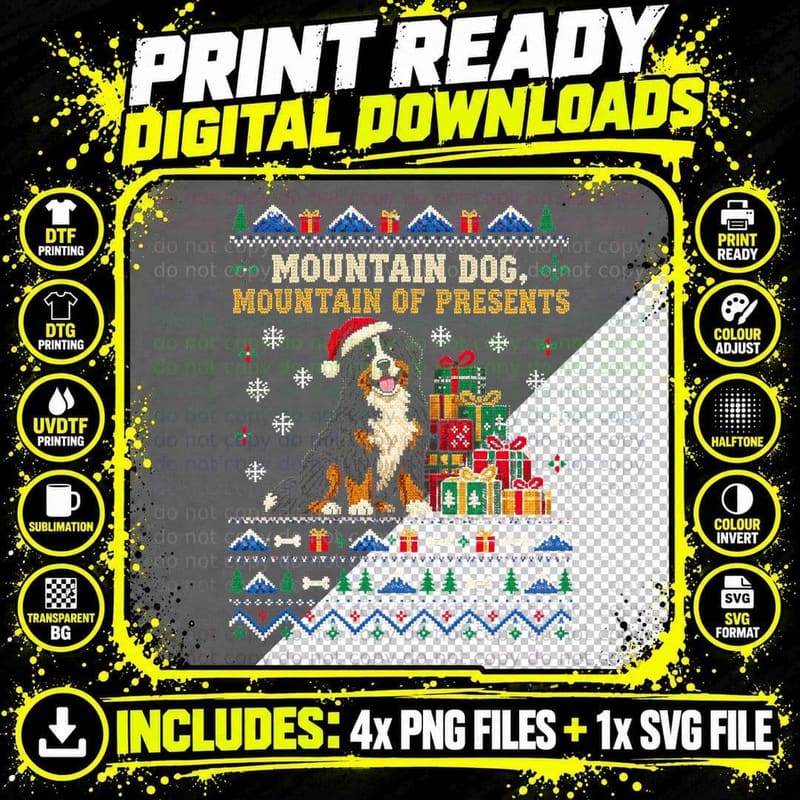 Bernese Mountain Dog Pile Of Presents Christmas Ugly Png SVG Digital Bundle