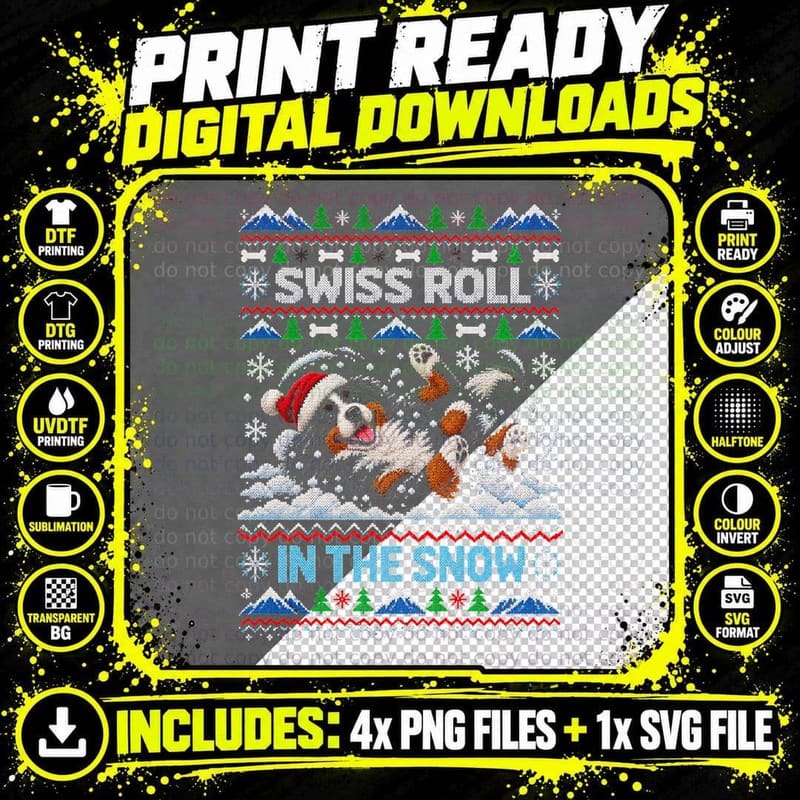 Bernese Mountain Dog Swiss Roll In The Snow Christmas Png SVG Digital Bundle