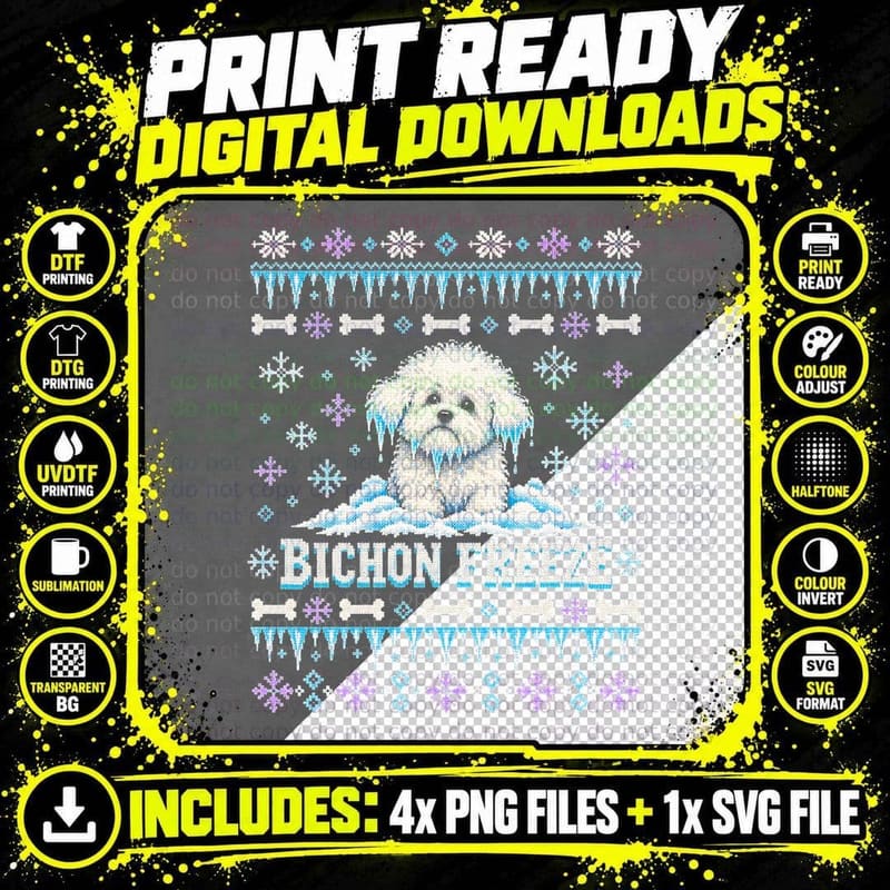 Bichon Freeze Frise Puppy Icicles Christmas Ugly Sweater Png SVG Digital Bundle