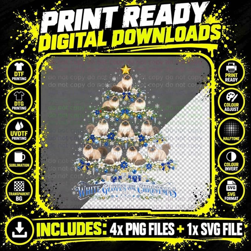Birman White Gloves For Christmas Cat Tree Festive Png SVG Digital Bundle