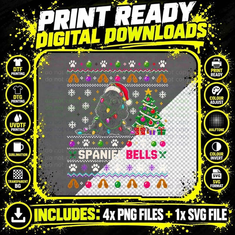 Black Cocker Spaniel Bells Christmas Ugly Sweater Tree Png SVG Digital Bundle