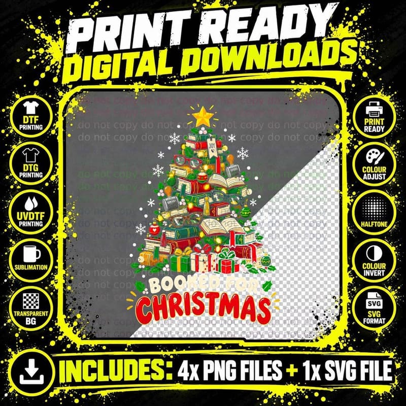 Booked For Christmas Tree Made Of Books Librarian Png SVG Digital Bundle