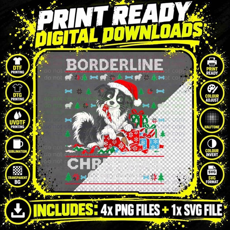 Border Collie Borderline Christmas Chaos Ugly Sweater Png SVG Digital Bundle