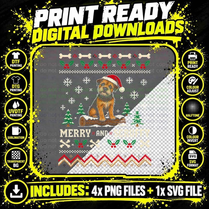 Border Terrier Merry And Scruffy Christmas Ugly Sweater Png SVG Digital Bundle