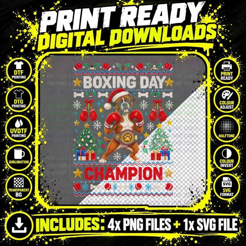 Boxer Dog Boxing Day Champion Christmas Ugly Sweater Png SVG Digital Bundle