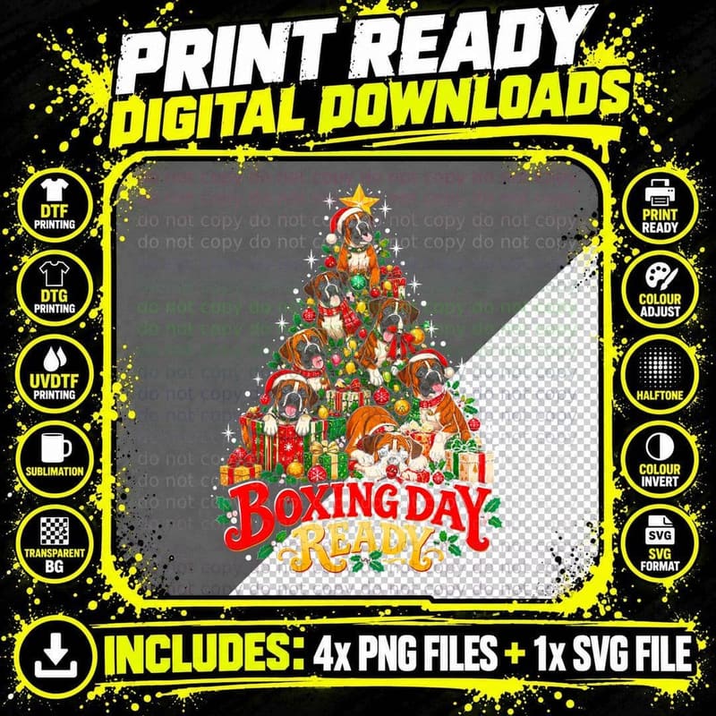 Boxing Day Ready Boxer Dog Christmas Tree Funny Pun Png SVG Digital Bundle