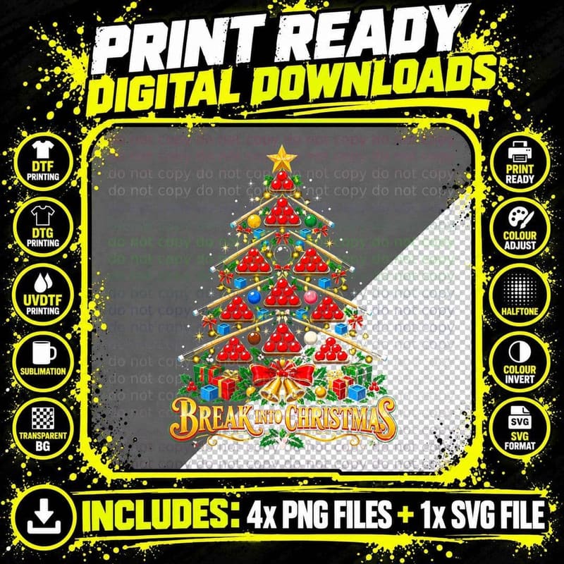 Break Into Christmas Tree Made Of Snooker Balls Cues Png SVG Digital Bundle