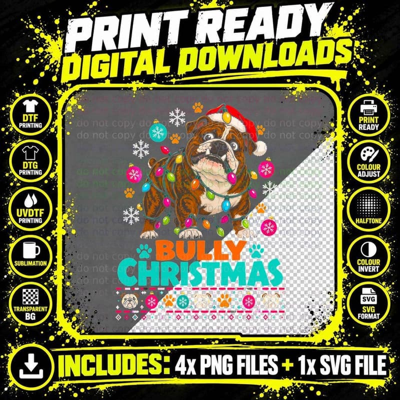 Brindle English Bulldog Bully Christmas Fairy Lights Png SVG Digital Bundle
