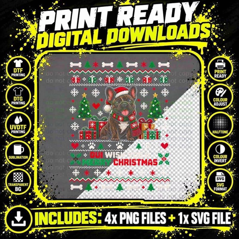 Brindle French Bulldog Oui Wish You a Merry Christmas Png SVG Digital Bundle