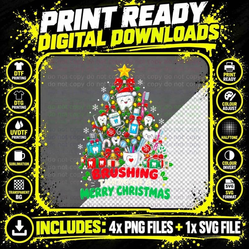 Brushing Through a Merry Christmas Tree Of Teeth Funny Png SVG Digital Bundle