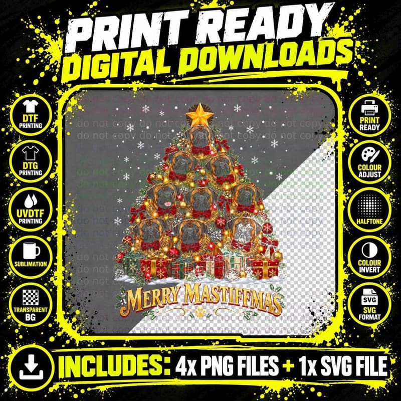 Bullmastiff Merry Mastiffmas Christmas Tree Big Dog Png SVG Digital Bundle