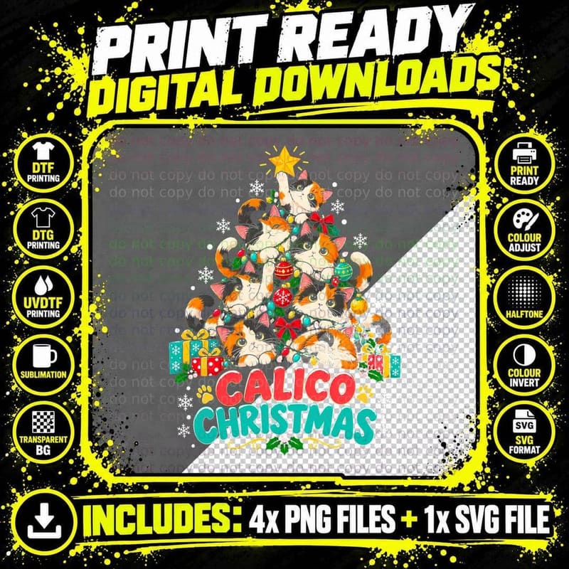 Calico Christmas Tree Made Of Cats Funny Kitten Lover Png SVG Digital Bundle